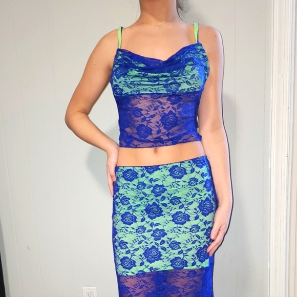 NWT Dolls Kill Gorgeous Purple, Green , Midi Crop Top Skirt Set 💜 - Picture 2 of 12